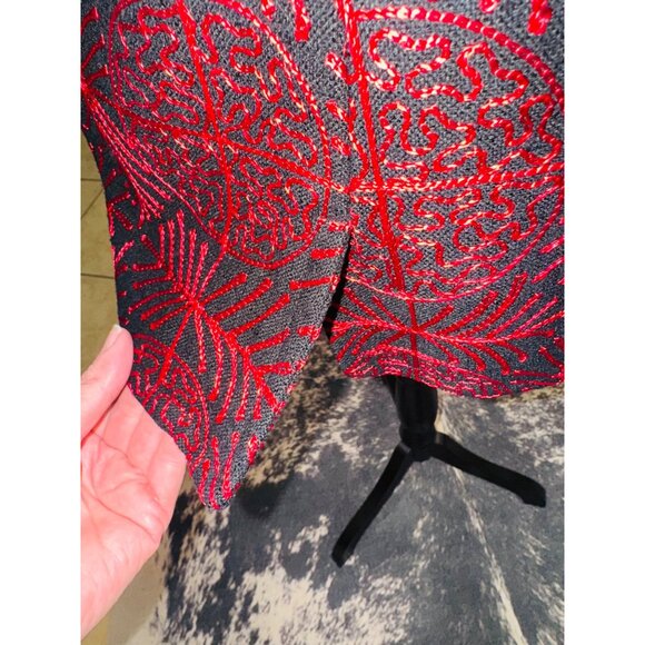 Allison W 100% Silk Jacket Jacquard Red Black Geometric Open Blazer Office City - Picture 8 of 11